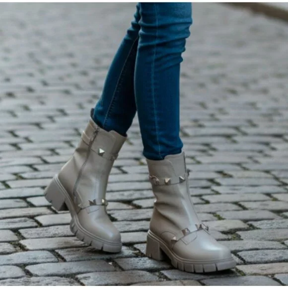 Studded Gray Combat-Style Ankle Boots With Chunky Block Heel And Side Zipper Clo - Picture 4 of 8